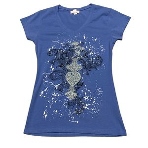 Pink Line V Neck T Shirt Blue with Silver Size Junior M